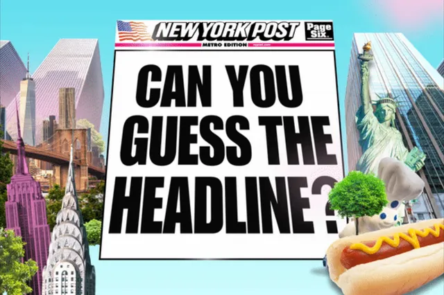 A mock New York Post front page reading Can you guess the headline?, surrounded by New York landmarks and a hot dog