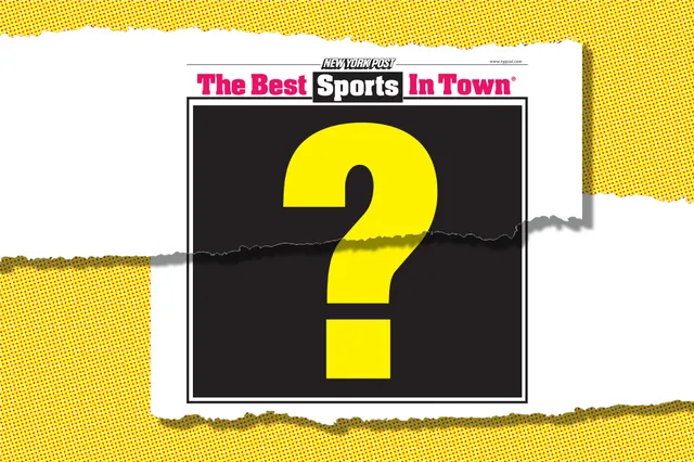 A torn New York Post sports page, The Best Sports In Town, with a large yellow question mark where the headline should be