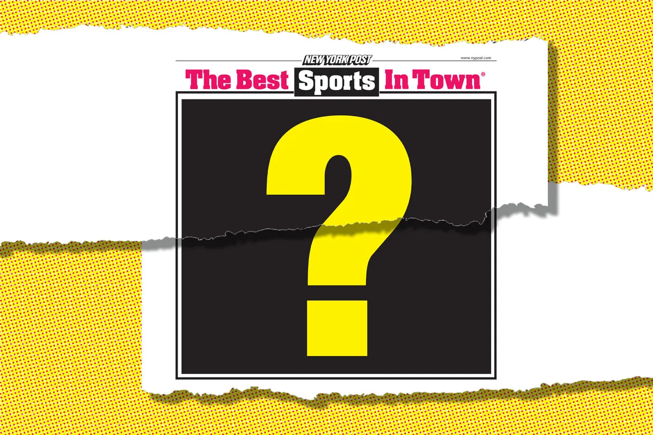 A torn New York Post sports page, The Best Sports In Town, with a large yellow question mark where the headline should be