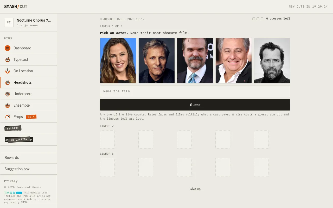 A Headshots puzzle in play: the first lineup of five actor headshots above a box to name the film, with two more lineups waiting below