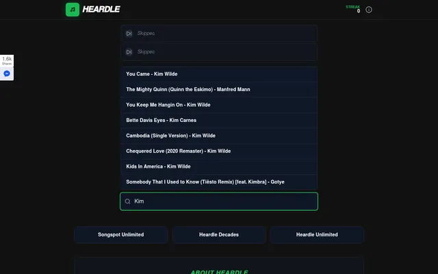 Heardle Daily on 30 October 2026: two skipped tries, six guess rows and the song search list open after typing Kim