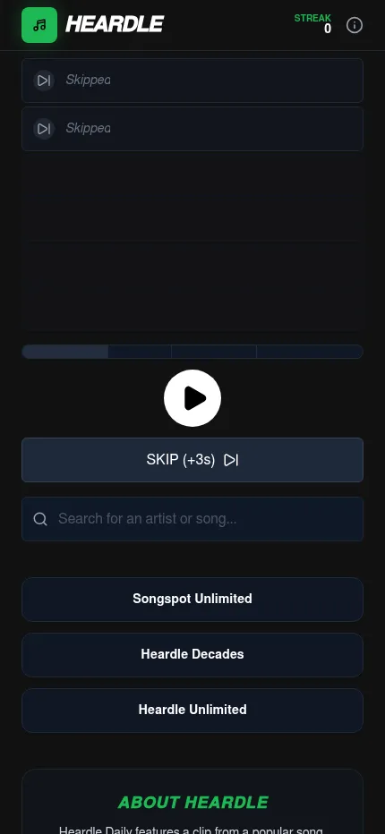 Heardle Daily at phone size: two skipped tries, the clip bar, a play button, Skip (+3s) and the artist or song search box