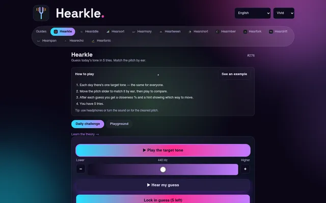 Hearkle daily challenge #276: a button to play the target tone, a pitch slider at 440 Hz and a Lock in guess button with five tries left