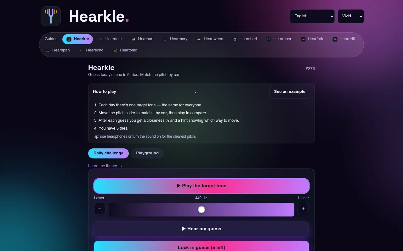 Hearkle daily challenge #276: a button to play the target tone, a pitch slider at 440 Hz and a Lock in guess button with five tries left
