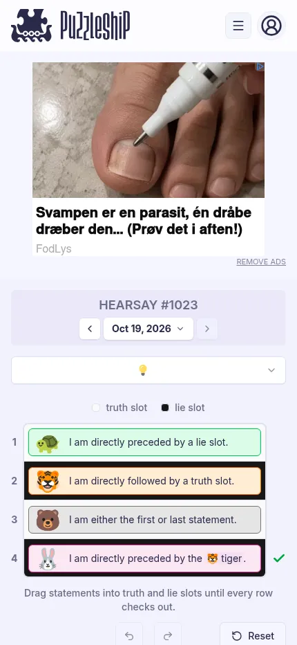 Hearsay #1023 on a phone: a display ad above the board, the date picker, a difficulty menu and four statements in truth and lie slots