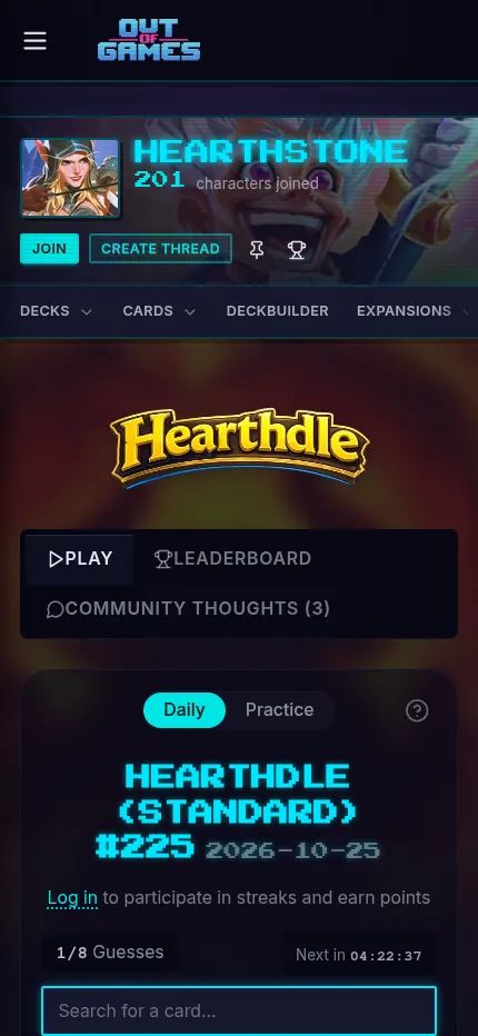 Hearthdle (Standard) #225 at phone size: the Daily and Practice tabs, a 1/8 guess counter, the countdown to the next card and the card search box