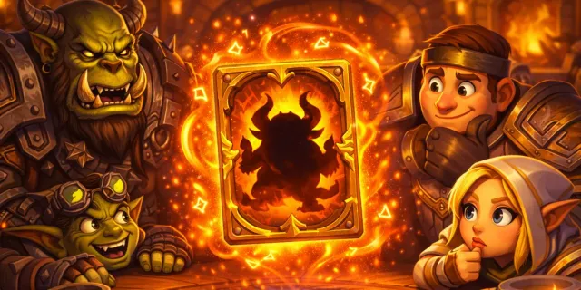 Hearthdle key art: a glowing Hearthstone-style card showing a dark silhouette of a horned creature, watched by an orc, a goblin, a dwarf and an elf