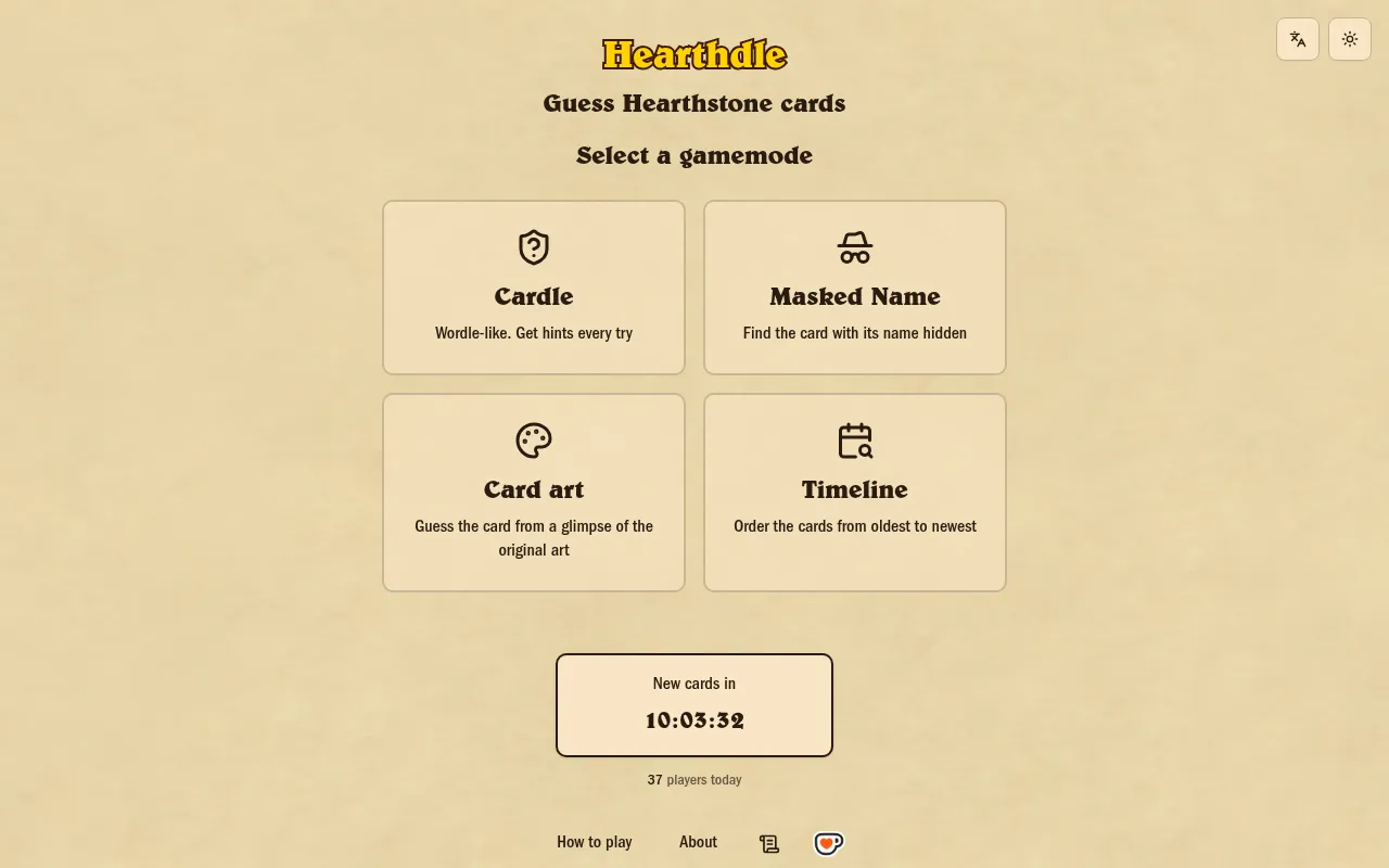 Hearthdle's front page with the four modes, Cardle, Masked Name, Card art and Timeline, and a countdown to the next cards