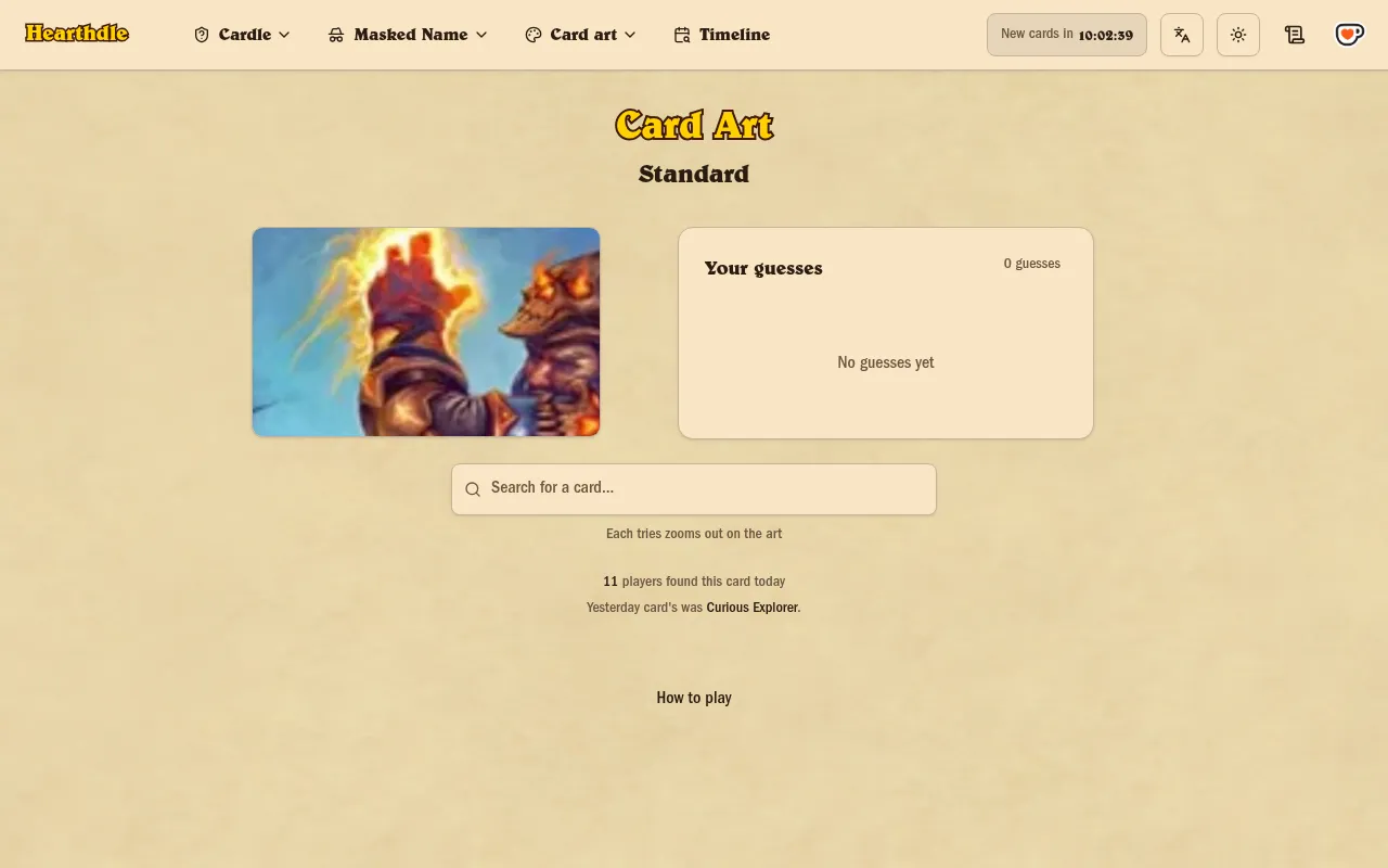 Hearthdle's Card Art mode: a zoomed-in crop of a Hearthstone card's artwork beside an empty guess list and a card search box