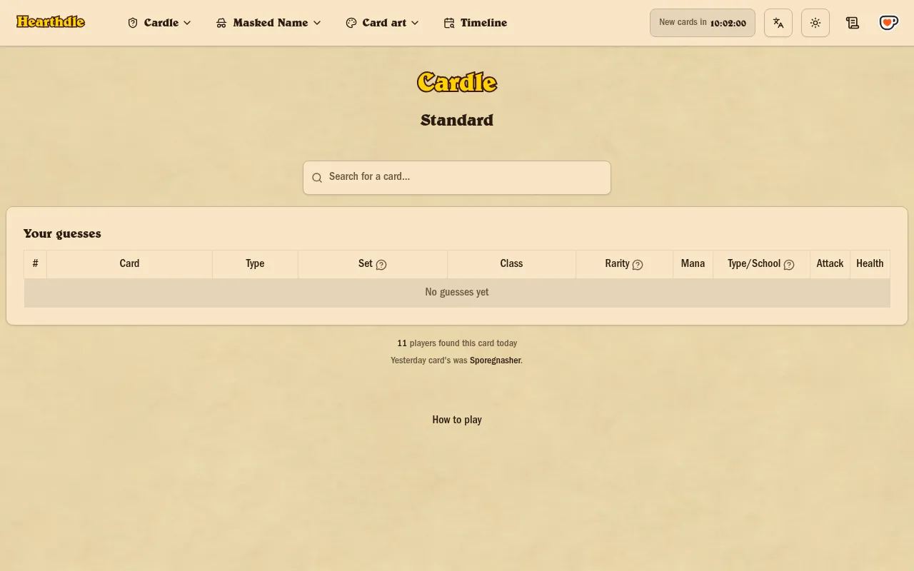 Hearthdle's Cardle mode on Standard cards: a search box above an empty guess table with columns for type, set, class, rarity, mana, type or school, attack and health