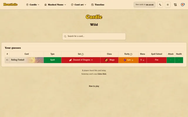 Hearthdle's Cardle on Wild cards with one guess, Rolling Fireball, compared with the day's card in green, orange and red tiles for type, set, class, rarity, mana, spell school, attack and health
