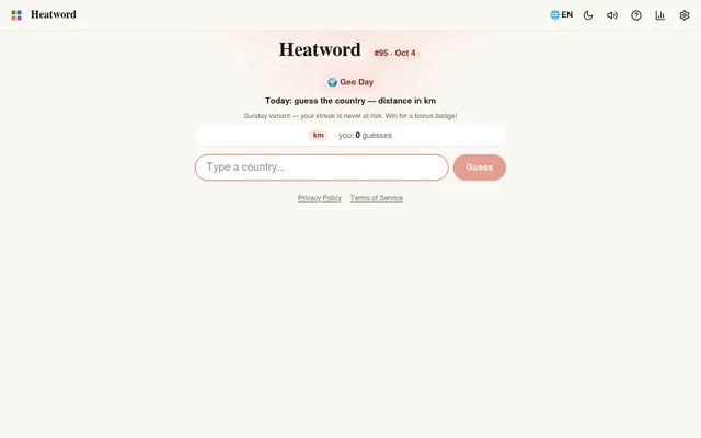 Heatword #95 for October 4 on its Sunday Geo Day: the prompt Today: guess the country, distance in km, a guess counter and a Type a country box with a Guess button