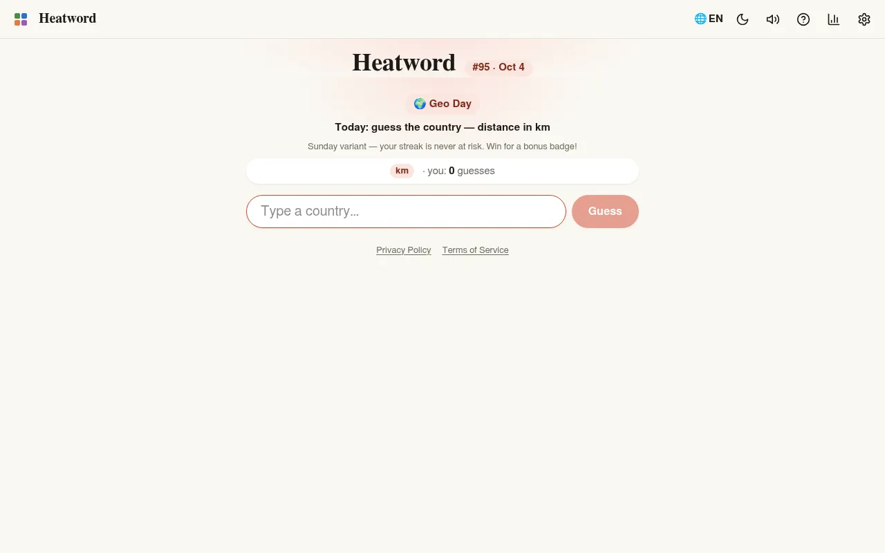Heatword #95 for October 4 on its Sunday Geo Day: the prompt Today: guess the country, distance in km, a guess counter and a Type a country box with a Guess button