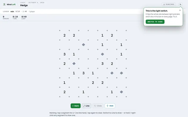 Hedge's daily loop puzzle: a 7 by 7 grid of dots with number clues counting the loop's sides around each cell