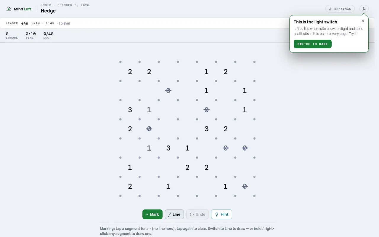 Hedge's daily loop puzzle: a 7 by 7 grid of dots with number clues counting the loop's sides around each cell