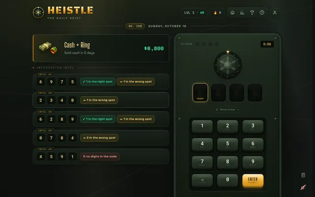 Heistle vault No. 108 for Sunday, October 18: five intel cards of four digits with right-spot and wrong-spot notes beside the safe's dial, code slots and keypad