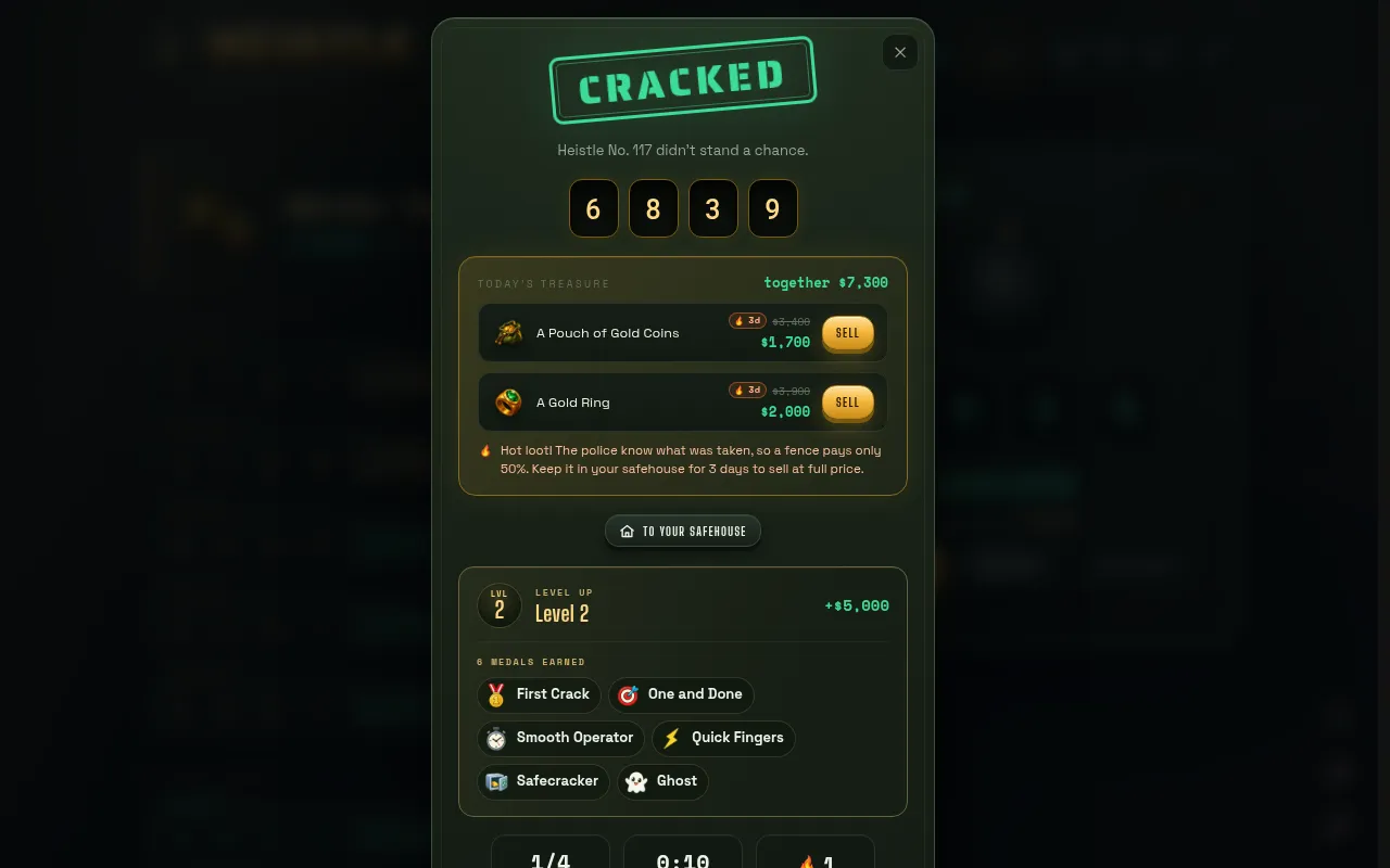 Heistle No. 117 cracked on the first try with the code 6839: the day's treasure of a pouch of gold coins and a gold ring, a level up and the medals earned