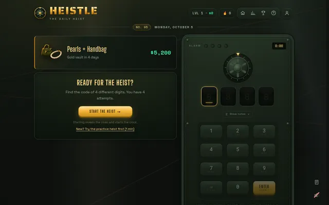 Heistle vault No. 95 for Monday, October 5: the day's loot, Pearls and Handbag at $5,200, a Start the heist button and a safe with a dial, four digit slots and a keypad