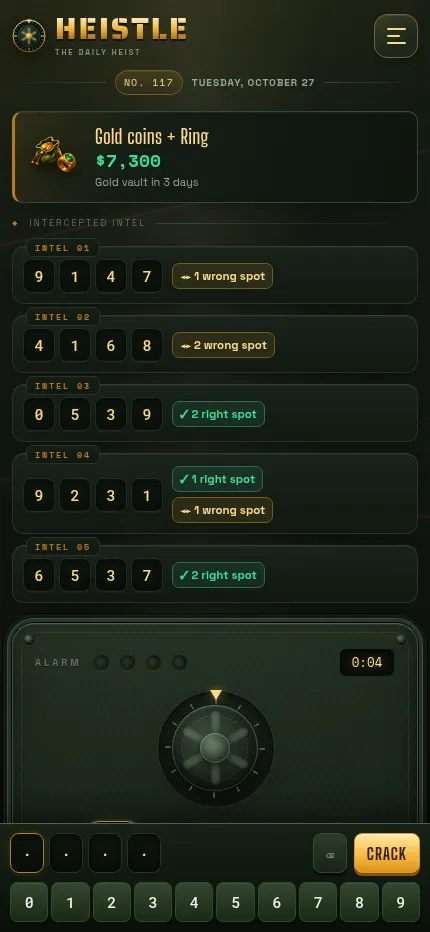 Heistle No. 117 at phone size: the five intel cards in a column above the safe, with the code slots, a Crack button and a row of digit keys docked at the bottom