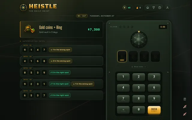 Heistle vault No. 117 for Tuesday, October 27: five intel cards of four digits with right-spot and wrong-spot counts, the safe dial, four code slots and the keypad