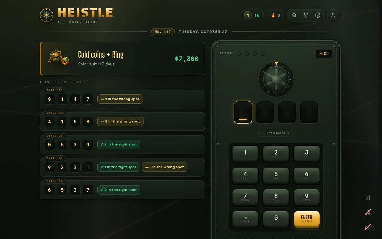 Heistle vault No. 117 for Tuesday, October 27: five intel cards of four digits with right-spot and wrong-spot counts, the safe dial, four code slots and the keypad