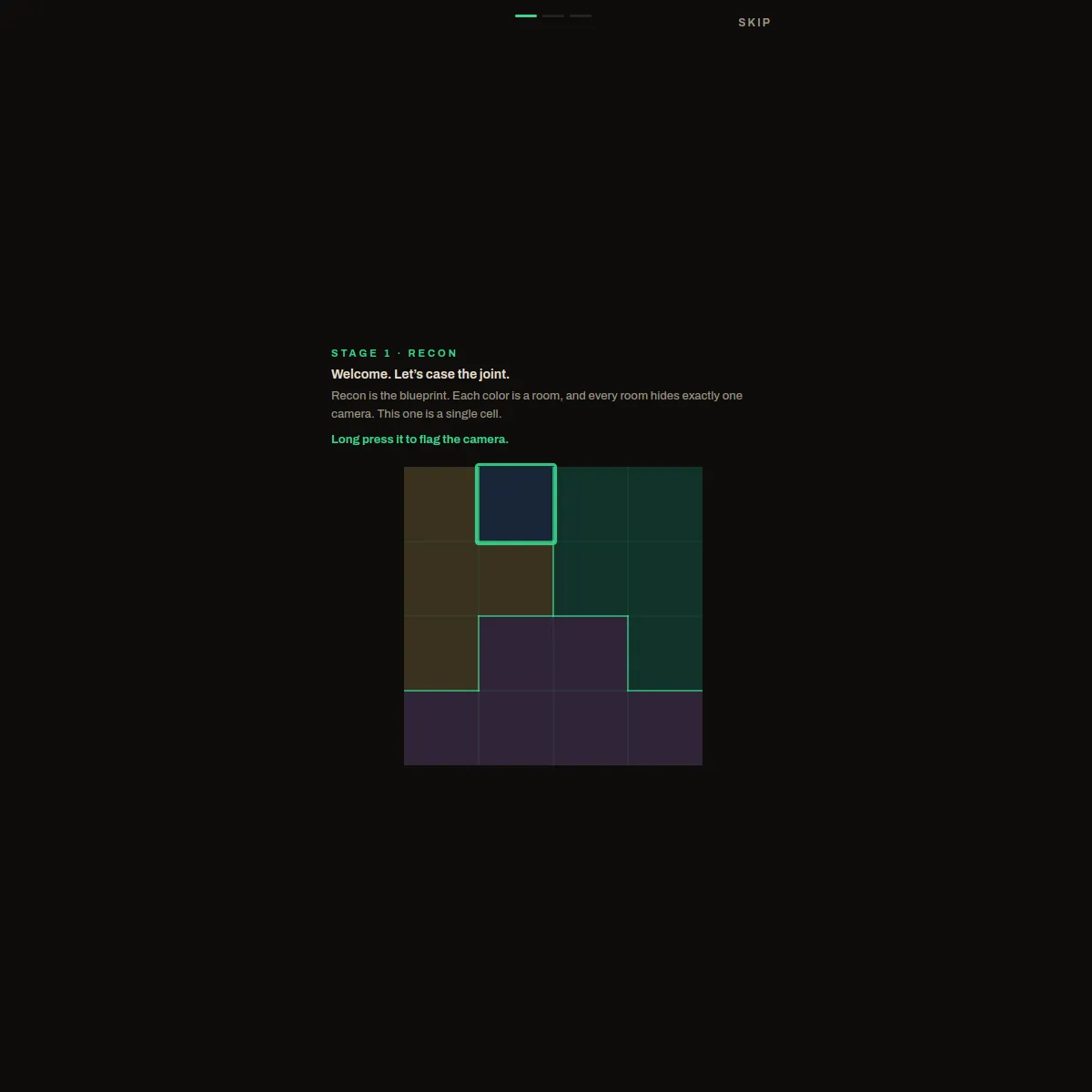 Heisty Recon tutorial: a floor plan of coloured rooms where each room hides one camera