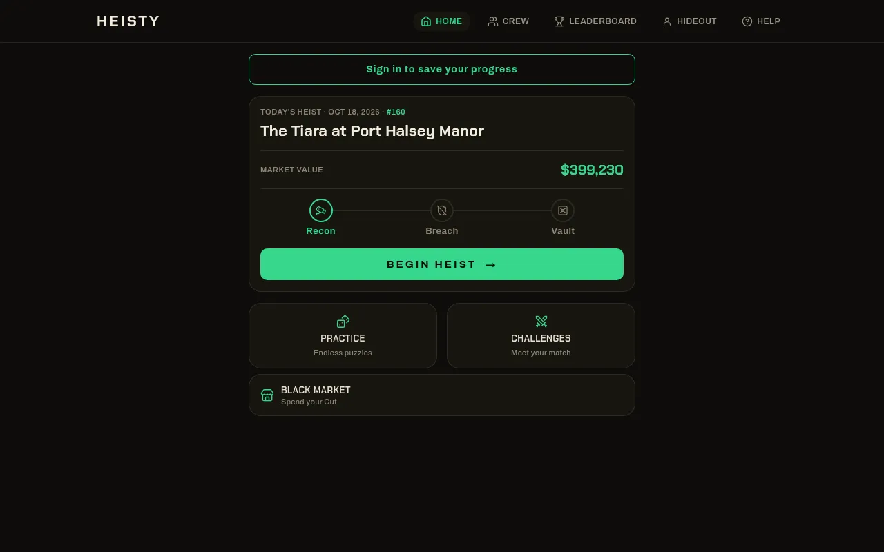 Heisty home for 18 October 2026: heist 160, The Tiara at Port Halsey Manor, with its market value and the Recon, Breach and Vault stages