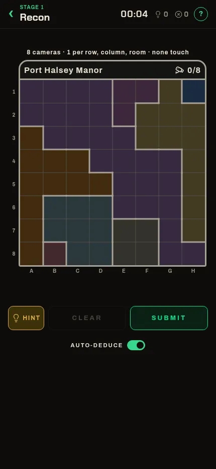 Heisty Recon board at phone size, the full grid and the Hint, Clear and Submit buttons in view