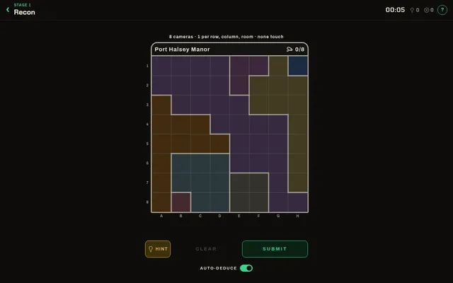 Heisty Recon board for 18 October 2026, Port Halsey Manor: an 8 by 8 floor plan of coloured rooms waiting for 8 cameras