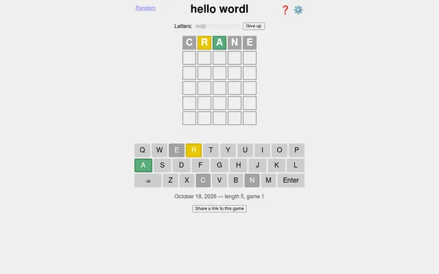hello wordl's puzzle for 18 October 2026 with a first guess, CRANE, coloured green and yellow, above the on-screen keyboard