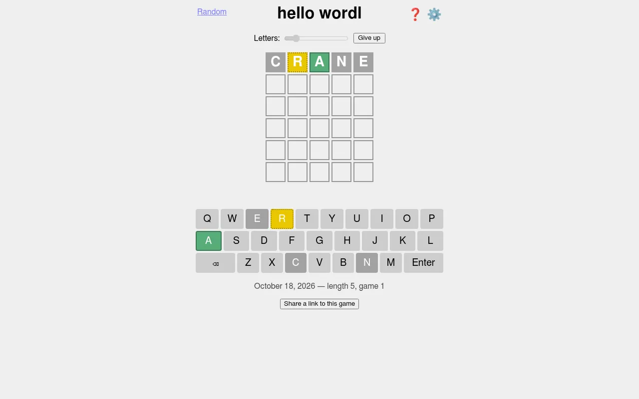 hello wordl's puzzle for 18 October 2026 with a first guess, CRANE, coloured green and yellow, above the on-screen keyboard