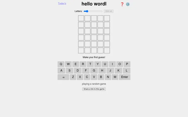 hello wordl board: a Today's link, a Letters slider, an empty six-row grid of five letters and a keyboard