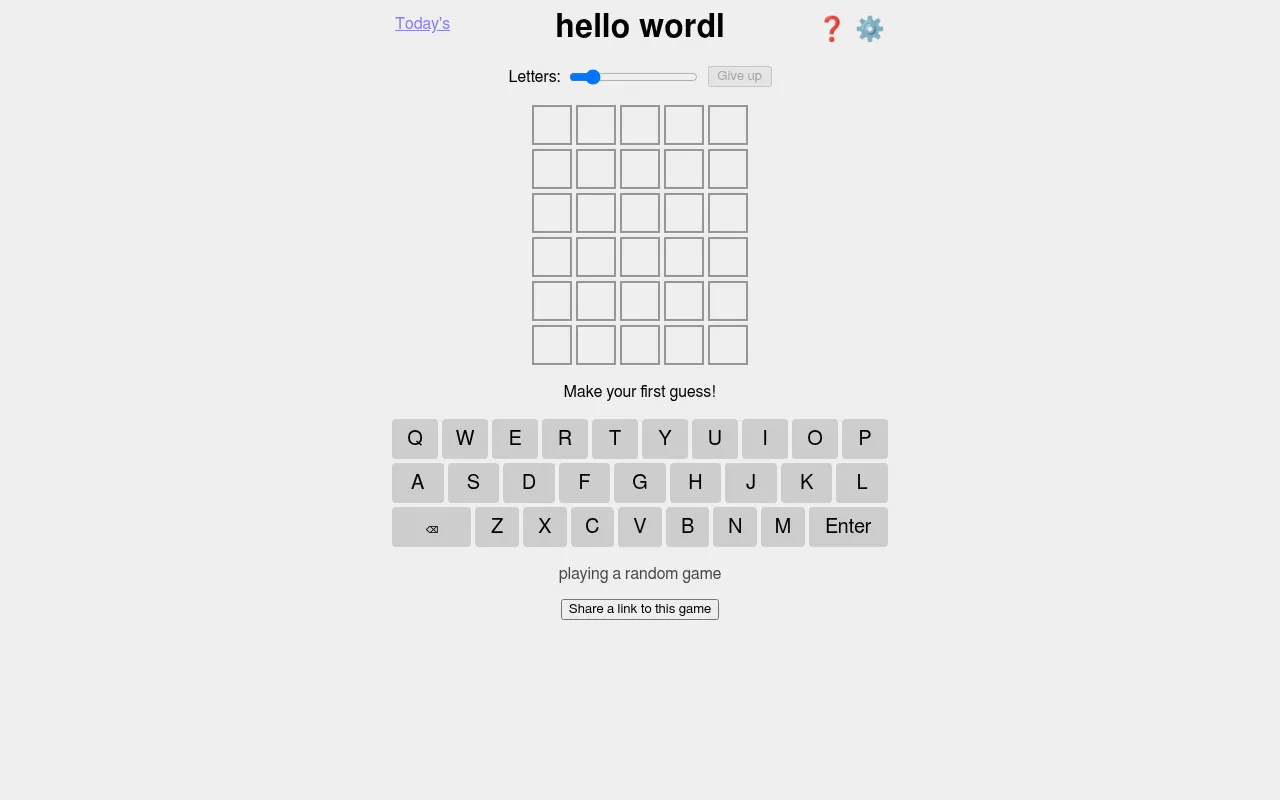 hello wordl board: a Today's link, a Letters slider, an empty six-row grid of five letters and a keyboard