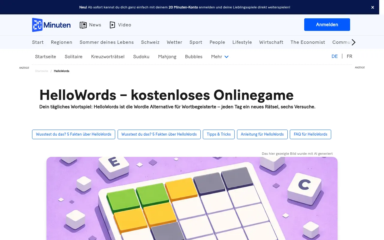 The HelloWords page on 20 Minuten: Dein tägliches Wortspiel, jeden Tag ein neues Rätsel, sechs Versuche, above the game's preview art of a coloured tile board