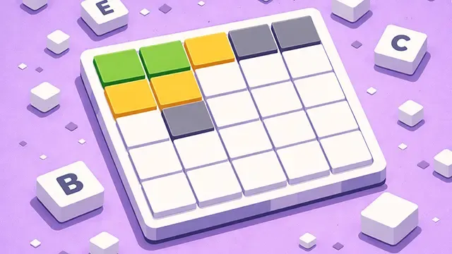 HelloWords preview art: a five-column board of white tiles with green, yellow and grey tiles in its first rows, and loose letter blocks on a lilac background