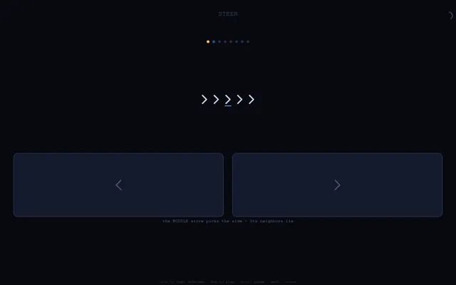 Helm's Steer round on a desktop: a row of five right-pointing arrows with the underlined middle one, above the two big left and right tap zones