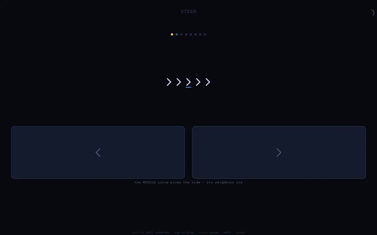 Helm's Steer round on a desktop: a row of five right-pointing arrows with the underlined middle one, above the two big left and right tap zones