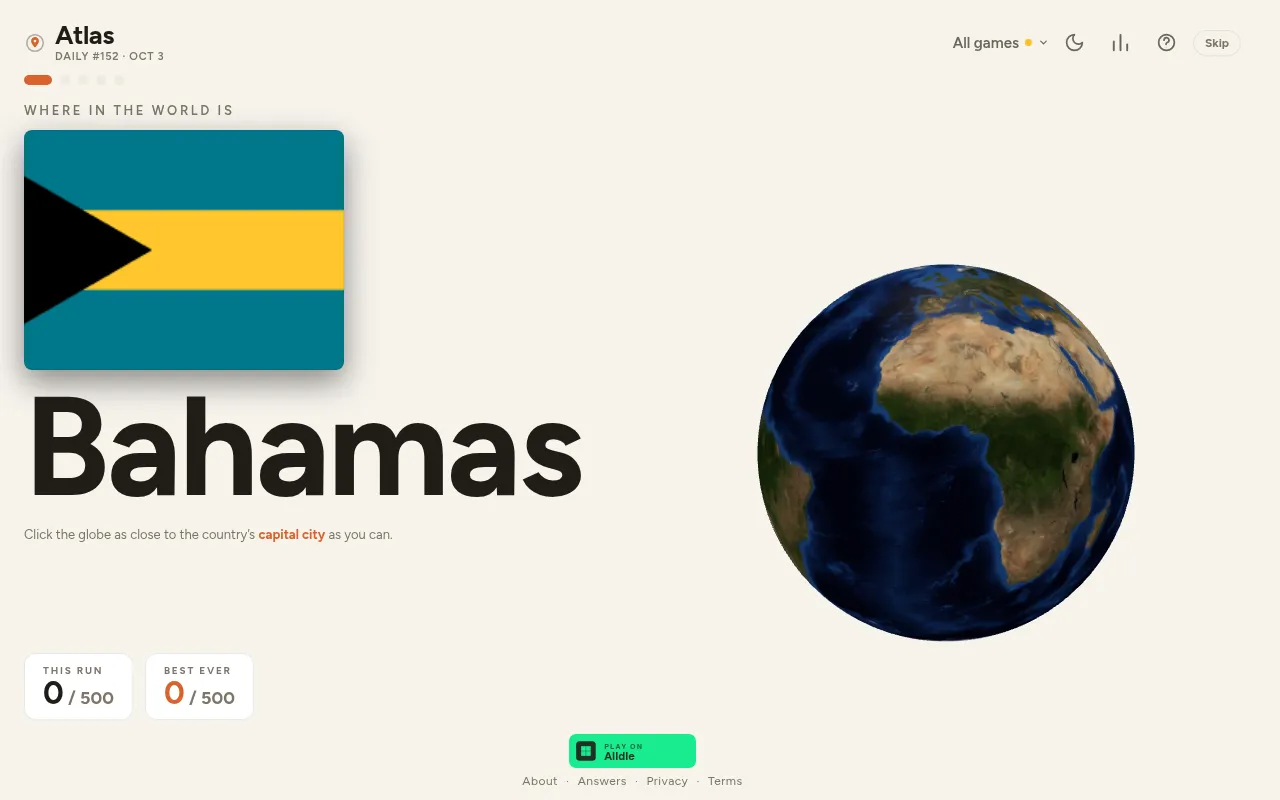 Hemiscope Atlas daily #152 for 3 October: the first of five countries, the Bahamas, shown with its flag beside a 3D globe to click near its capital, with a score out of 500