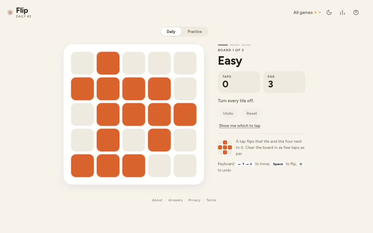 Hemiscope Flip daily #2, board 1 of 3 (Easy): a 5x5 grid with orange lit tiles and pale unlit ones, 0 taps against a par of 3, with Undo, Reset and Show me which to tap