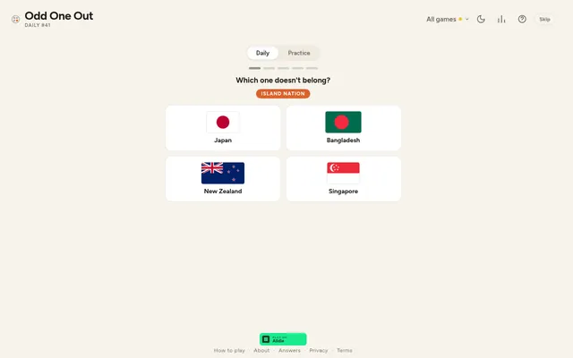 Odd One Out Daily #41 on desktop: round one of five, rule Island nation, with flag cards for Japan, Bangladesh, New Zealand and Singapore
