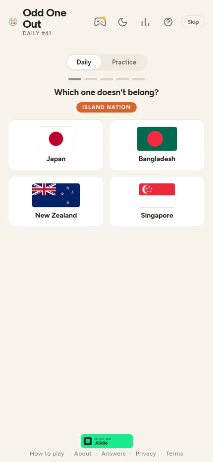 Odd One Out Daily #41 at phone size: the same Island nation round with four country cards in a two by two grid