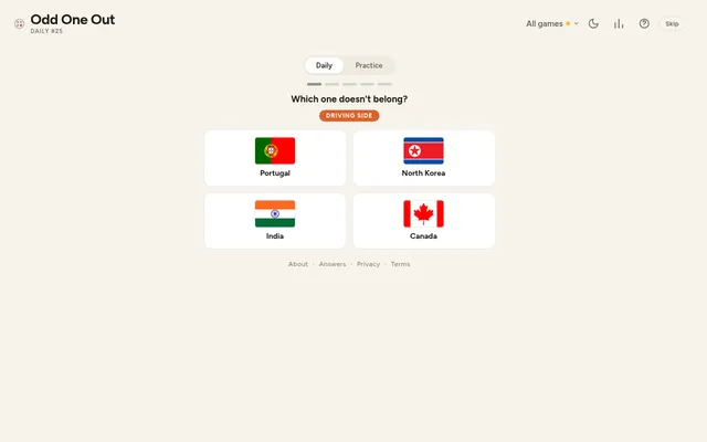 Hemiscope Odd One Out daily #25: the first of five rounds, rule Driving side, with four flag cards for Portugal, North Korea, India and Canada