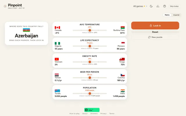 Pinpoint daily #127 for 21 October: Azerbaijan to place on five sliders, avg temperature, life expectancy, obesity rate, beer per person and population