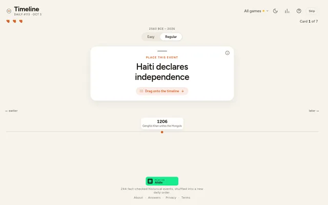 Hemiscope Timeline daily #113 for 3 October: the card "Haiti declares independence" waiting to be dragged onto a timeline that already holds 1206, Genghis Khan unites the Mongols, with three hearts an