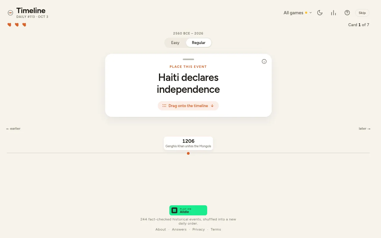 Hemiscope Timeline daily #113 for 3 October: the card Haiti declares independence waiting to be placed on a timeline holding 1206, Genghis Khan unites the Mongols