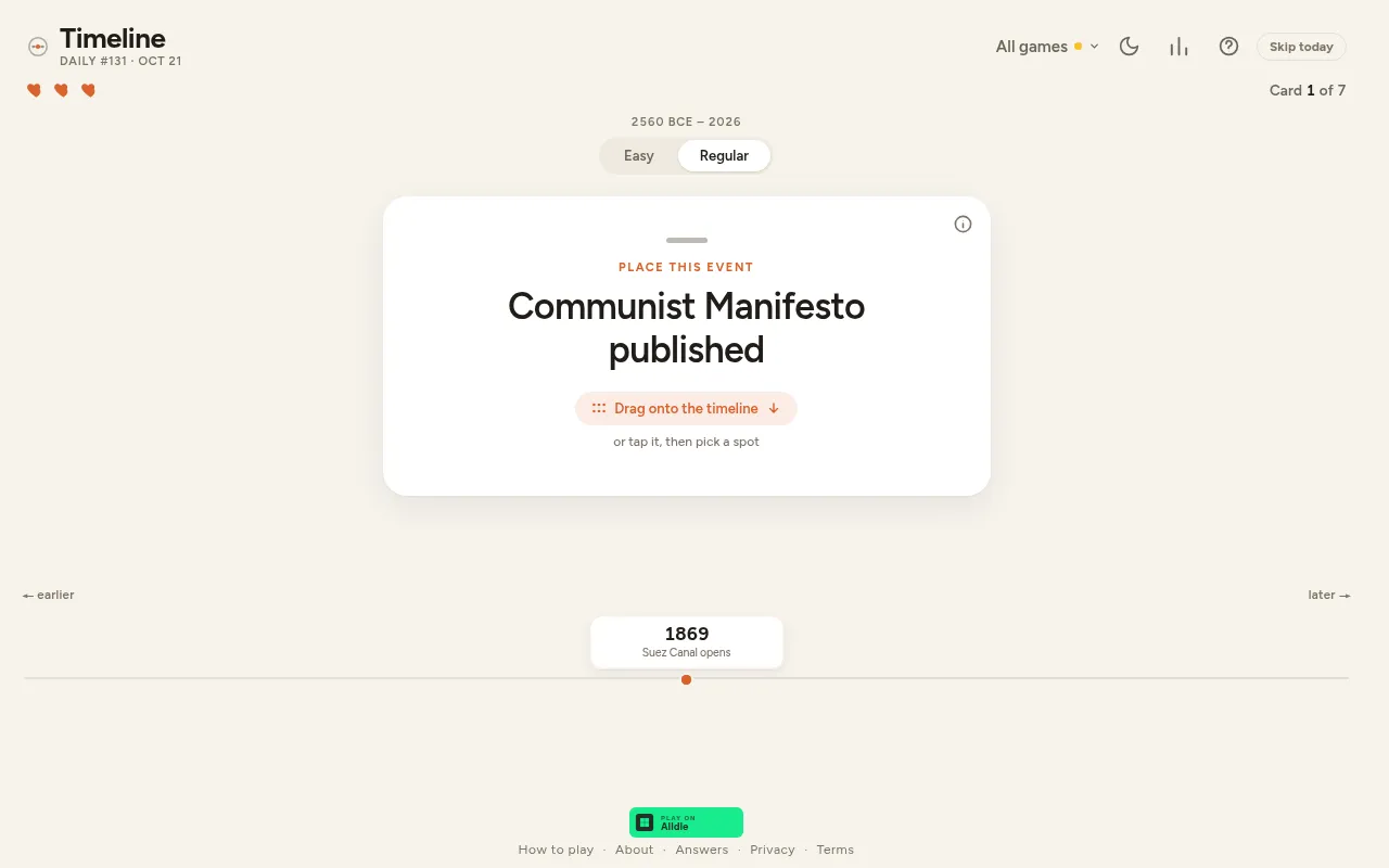 Hemiscope Timeline daily #131 at the start: the card Communist Manifesto published above a timeline holding only 1869, Suez Canal opens, with three hearts