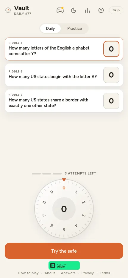 Vault Daily #77 on a phone: three riddles with a digit box each, the combination dial and a Try the safe button with 3 attempts left