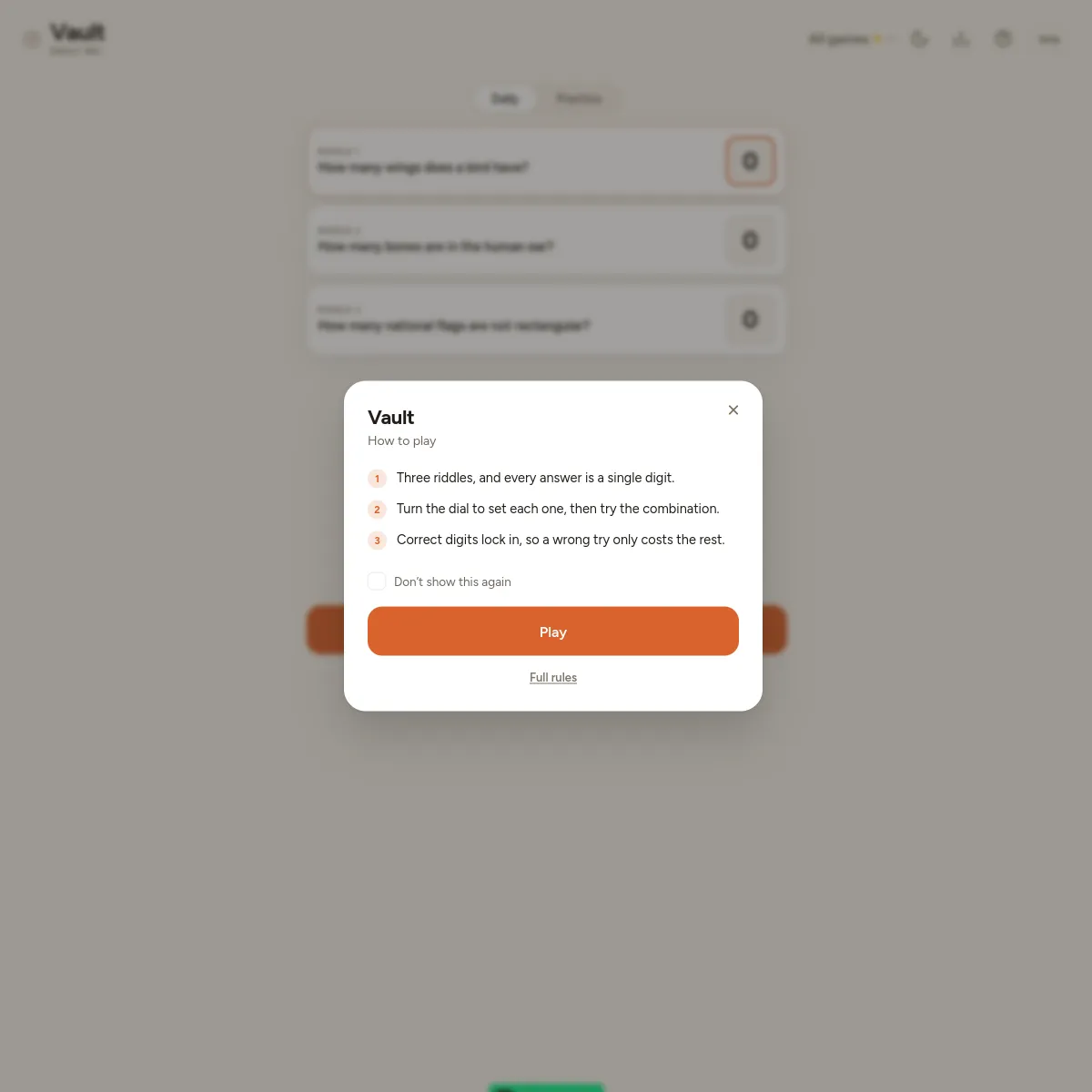 Vault daily safe with three riddles and digit dials behind the How to play panel