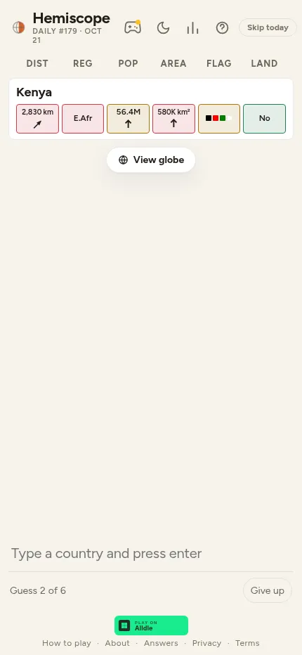 Hemiscope at phone size on Daily #179: Kenya's clue row above a View globe button, with the guess box and Guess 2 of 6 at the bottom