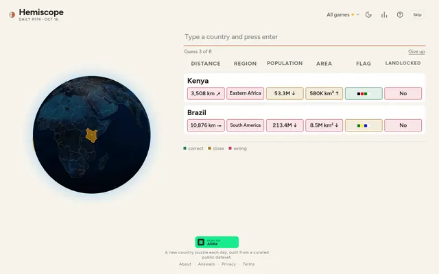 Hemiscope Daily #174 for 16 October: guesses Kenya and Brazil with distance, region, population, area, flag and landlocked clues beside a dark globe, guess 3 of 8